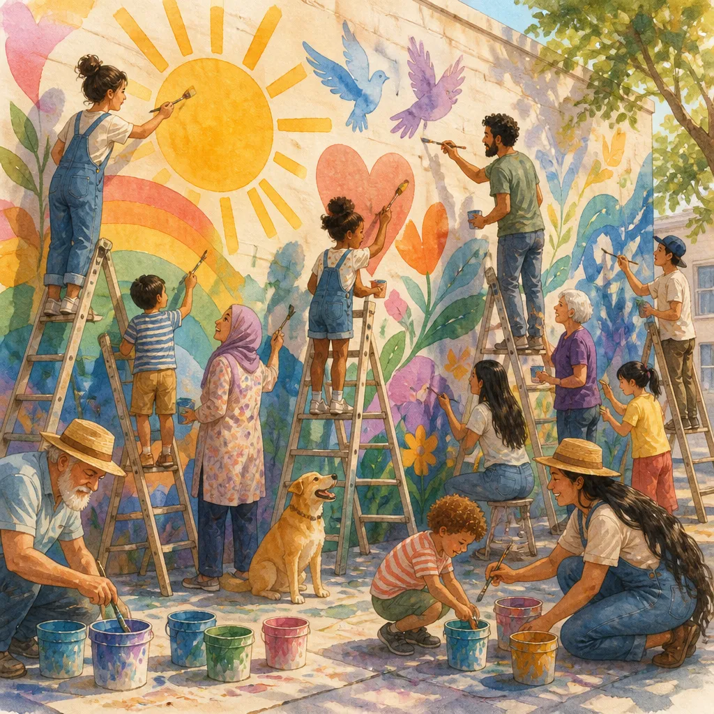 A community painting a mural together
